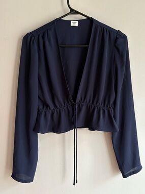 Sunday Best Navy V-Neck Tie-Front Peplum Blouse